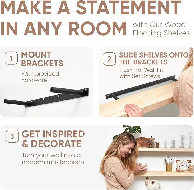 Homeforia 60 inch Wood Floating Shelf, High End Solid Natural Long Wood Shelf for Wall 60 inches, Unfinished Wooden 60inch Large Floating Shelves, Heavy Duty Bracket, 60 X 6.5 X 1.75 in, Set of 2 - ModernBath