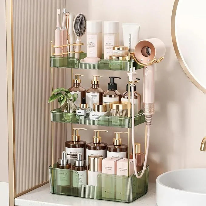 Bathroom Counter Organizer for Vanity, Makeup Organizer Countertop with Holder, Large Capacity Storage Rack, Perfect Large Skincare, Hair Care, Perfume, Easy to Install (Green, 3Tiers) - ModernBath