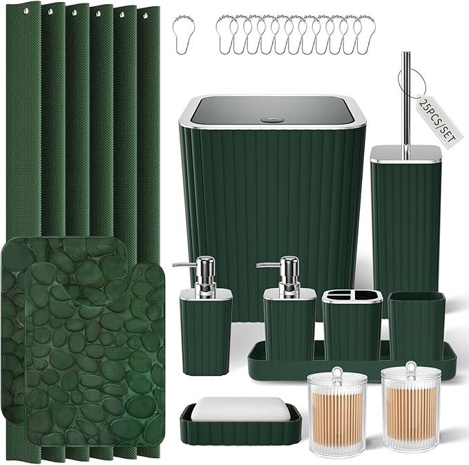 XLHOMO Bathroom Set- 25PC Green Bathroom Sets, Bathroom Set with Shower Curtain and Rugs, Dark Green Shower Curtain Set, Bathroom Accessories Set, Bathroom Trash Can - ModernBath