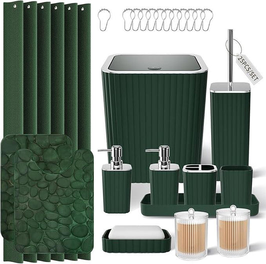 XLHOMO Bathroom Set- 25PC Green Bathroom Sets, Bathroom Set with Shower Curtain and Rugs, Dark Green Shower Curtain Set, Bathroom Accessories Set, Bathroom Trash Can - ModernBath