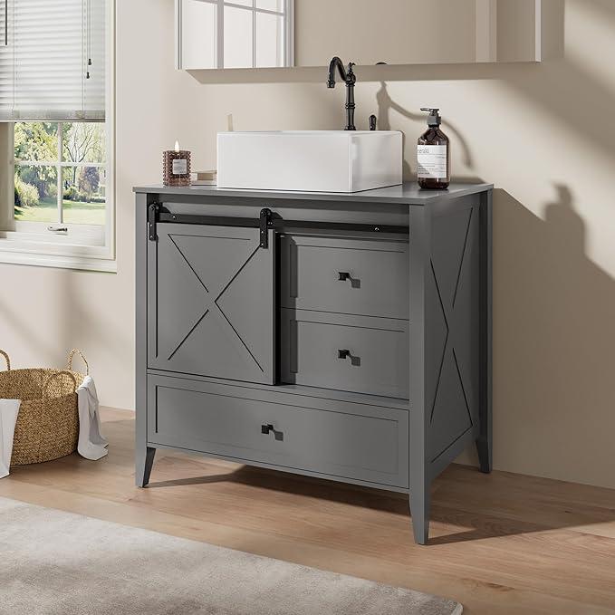 VNN Bathroom Vanity with Sink - 36 Inch Bathroom Vanity with Sink Ceramic, Freestanding Cabinet with Farmhouse Sliding Barn Door and 3 Drawers, Space-Saving Storage Cabinet, Grey - ModernBath
