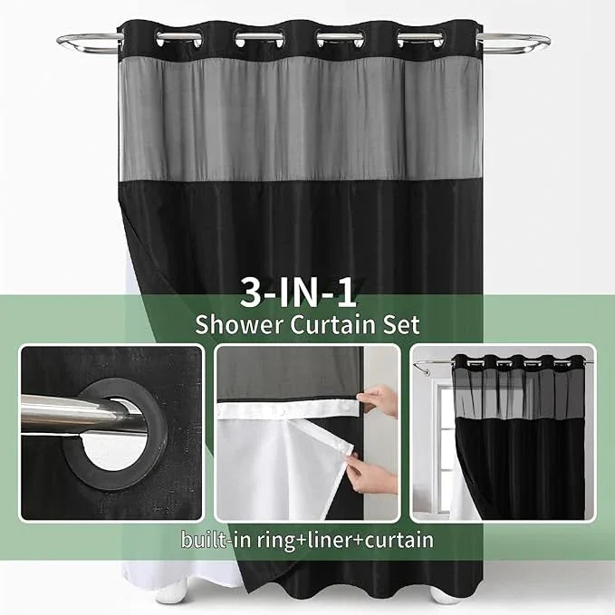 eachope Black No Hook Shower Curtain with Snap-in Fabric Liner Set,Slub Textured Fabric Shower Curtains for Bathroom,Hotel Style Modern Shower Curtain,Water Repellent & Washable,71x74(72) - ModernBath