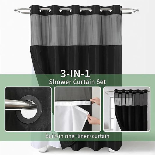eachope Black No Hook Shower Curtain with Snap-in Fabric Liner Set,Slub Textured Fabric Shower Curtains for Bathroom,Hotel Style Modern Shower Curtain,Water Repellent & Washable,71x74(72) - ModernBath