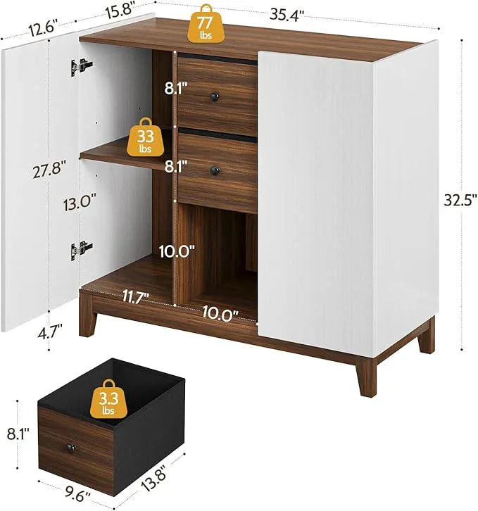 Bathroom Storage Cabinets with Drawers and Doors, Kitchen Storage Cabinet with Adjustable Shelf, Floor Sideboard Buffet Cabinet for Living Room, Kitchen, Hallway, Dining Room, White Walnut - ModernBath