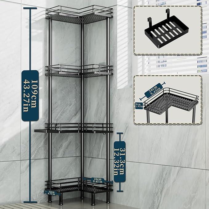 Consumest Corner Shower Caddy Standing - 4-Tier Stainless Steel Shower Organizer with Soap Holder and 4 Hooks, Large Capacity Corner Shelf Stand for Bathroom, Rest Room, Black - ModernBath