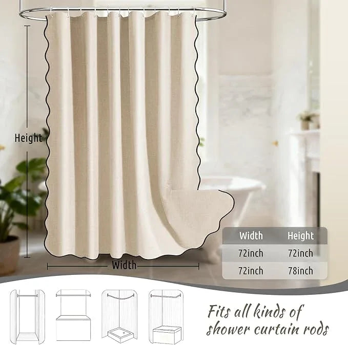 WONICY Beige Scalloped Shower Curtain with Black Border - Heavy Duty Polyester Shower Curtains for Bathroom, Waterproof & Washable, 72x72 Inches with 12 Hooks - ModernBath