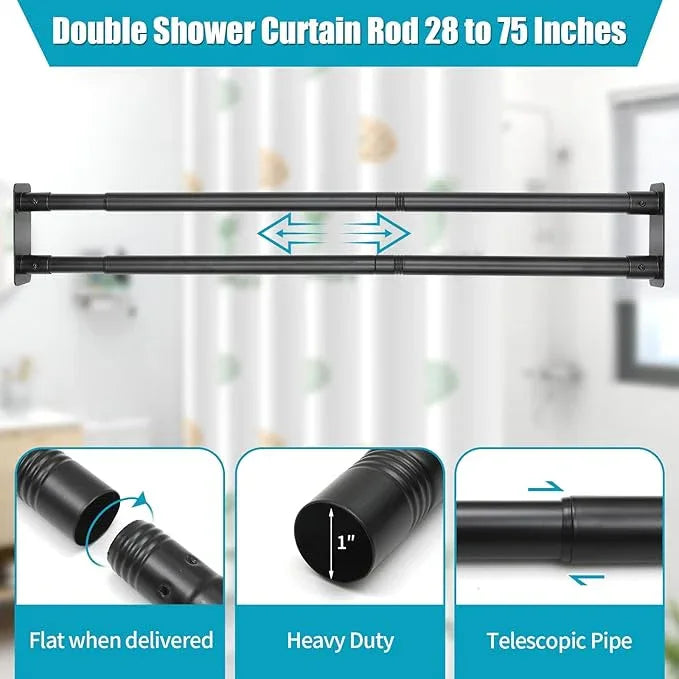Creatyi 28 to 75 Inches Double Shower Curtain Rod Adjustable Double Shower Curtain Rods for Bathroom (28 to 75'', Black) - ModernBath
