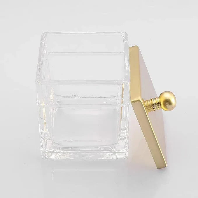 Indecor Home Glass Cotton Jar Holder 2 Pack– Brushed Gold Lid, Elegant Bathroom Storage Canister for Qtips, Cotton Balls, Floss, Makeup Organizer, Vanity & Bathroom Organization - ModernBath