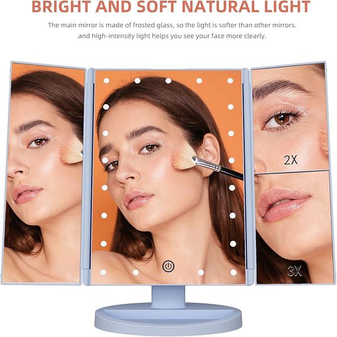 Infitrans Trifold Makeup Mirror Vanity Mirror with Lights,1X 2X 3X Magnification,Touch Control,Adjustable Rotation,Dual Power Supply,Portable Travel Cosmetic Mirror,Birthday Gifts for Women,Teengirls - ModernBath