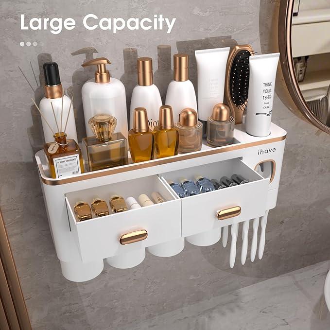 iHave Toothbrush Holders Wall Mounted with Toothpaste Dispenser & 4 Cups - Premium White and Gold Design for Bathroom Decor, All-in-One Bathroom Organizers & Storage for Toothbrushes and Accessories - ModernBath
