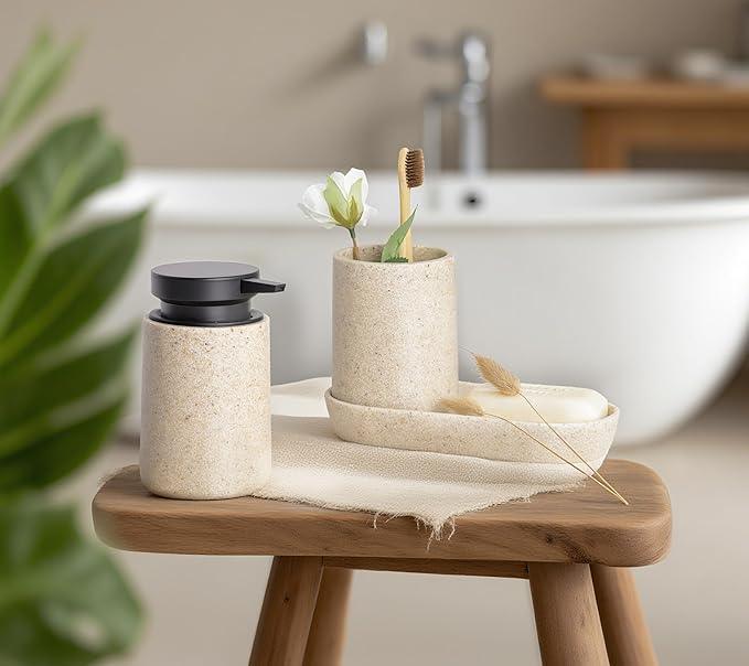 Clasin Home 3 Pcs Bathroom Accessories Set, Liquid Soap Dispenser with Large Pump, Toothbrush Holder Cup and Soap Dish, Sandstone Texture Bathroom Counter Set for Modern Home (Beige) - ModernBath