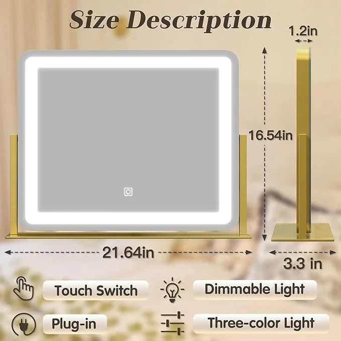 ROLOVE Gold Vanity Mirror with Lights - Smart Touch Dimming, 3-Color Lighting, 360° Rotatable Desktop Makeup Mirror for Desk, 22"x17" - ModernBath