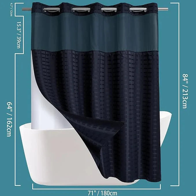 Conbo Mio Extra Long No Hook Shower Curtain with Snap in Liner Set, Hotel Luxury Black Shower Curtains for Bathroom with See Through Top Window, Waterproof, Washable 71W x 84H - ModernBath