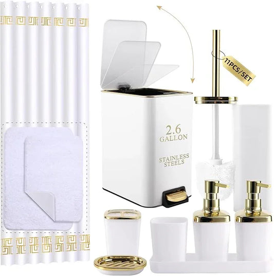 XLHOMO 11PCS Bathroom Sets with Shower Curtain and Rugs Bathroom Accessories Set White Bathroom Set,Soap Dispenser & Toilet Brush Holder Set with Stainless Steel Trash Can - ModernBath