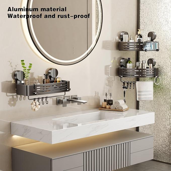 VOLPONE Shower Caddy Suction Cup No Drilling Suction Cup Shower Shelf Heavy Duty Bathroom Shower Organizer Storage Rack Adhesive with Towel Bar Hooks (3-Pack, Matte Gray) - ModernBath