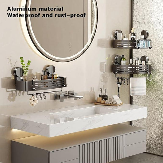 VOLPONE Shower Caddy Suction Cup No Drilling Suction Cup Shower Shelf Heavy Duty Bathroom Shower Organizer Storage Rack Adhesive with Towel Bar Hooks (3-Pack, Matte Gray) - ModernBath