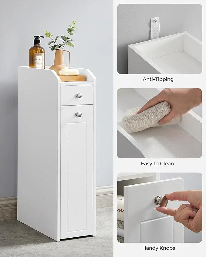 VASAGLE Slim Storage Cabinet, Narrow Storage Organizer with Slide Out Drawers, Freestanding Toilet Paper Holder, Small Space Skinny Cabinet for Bathroom Kitchen Corner, Cloud White UBBC847P31 - ModernBath