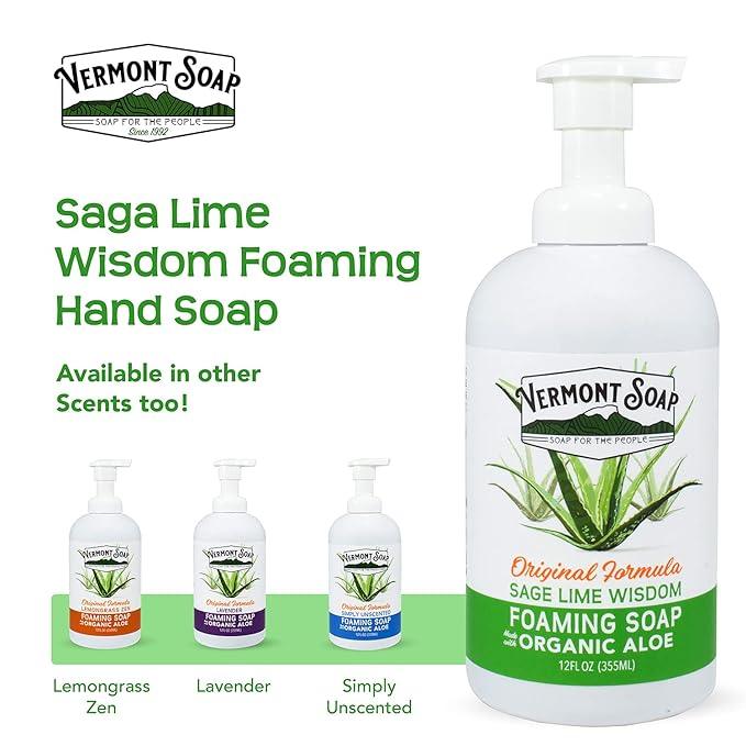 VERMONT SOAP Organic Sage Lime Wisdom Foaming Hand Soap - Natural Moisturizing Soap for Dry Skin - Fragrance Free Liquid Bathroom Hand Soap Dispenser - Sage Lime Wisdom - 12 oz - ModernBath