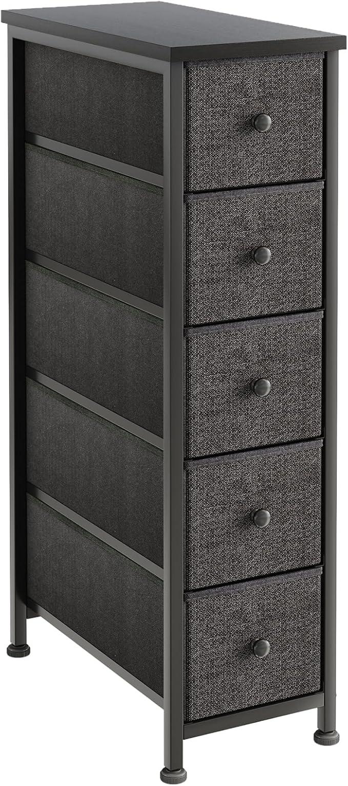 Narrow Dresser, 19" Wide Narrow Nightstand Dresser Storage Tower with 5 Drawers, Slim Fabric Dressers Chest of Drawers for Small Spaces, Wood Top & Fabric Bins for Bedroom Bathroom Closet (Black) - ModernBath