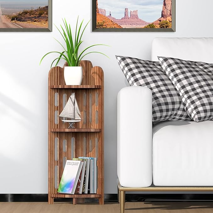 Meangood Bathroom Corner Shelf Stand, 3 Tier Pine Wood Display Shelf for Narrow Space, Shower Corner Shelf, Plant Stand Nightstand, for Living Room, Bedroom, Home Office, Elegant