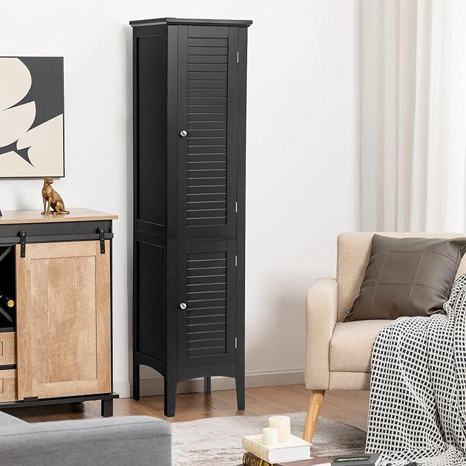 Giantex Storage Cabinet Bathroom High Cabinet with 5 Tier Shelves, Freestanding Slim Cabinet, Tall Organizer for Bathroom, Kitchen, Living Room, Linen Tower Narrow Floor Cabinet (Black) - ModernBath