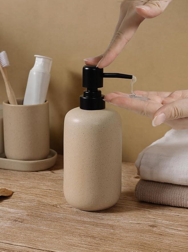 INGOFIN 3 Pcs Ceramic Bathroom Accessory Set - Liquid Soap Dispenser, Toothbrush Holder & Tray, Bathroom Counter Set, Countertop Essentials for Home, Guest Bathroom, or Office Use, Beige - ModernBath