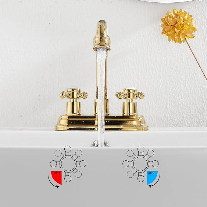 GGStudy Bathroom Faucet Polished Gold 2 Handles 4 Inches Centerset Bathroom Vanity with Drain Assembly and Supply Hose Lavatory Faucet - ModernBath