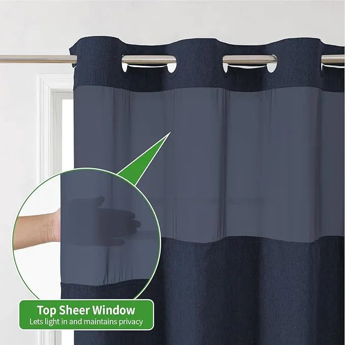 eachope Extra Long No Hooks Needed Linen Textured Shower Curtain with Snap-in Fabric Liner Set,White Hotel Luxury Decor Shower Curtains for Bathroom,Waterproof & Washable,71Wx86H,Navy Blue - ModernBath