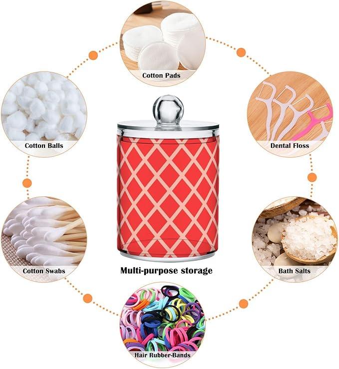 Tatenale Qtip Holder Bathroom Set Q tip Cotton Ball Swab Pad Dispenser Container Organizer Plastic Jars with Lids Storage 2Pack Red Square Rhombuses Mosaic Grid - ModernBath