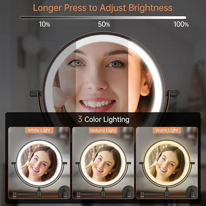 5000mAh Rechargeable Wall Mounted Lighted Makeup Vanity Mirror Double Sided 1X 30X Magnifying Bathroom Mirror, 3 Color Lighting, Touch Dimming, Extended Arm 360 Rotation Light up Mirror Antique Bronze - ModernBath