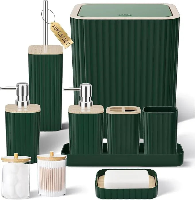 XLHOMO Bathroom Set - Elegant Green Bathroom Set, 10PC Green Bathroom Accessories Set, Bathroom Sets with Toilet Brush, Bathroom Trash Can - ModernBath