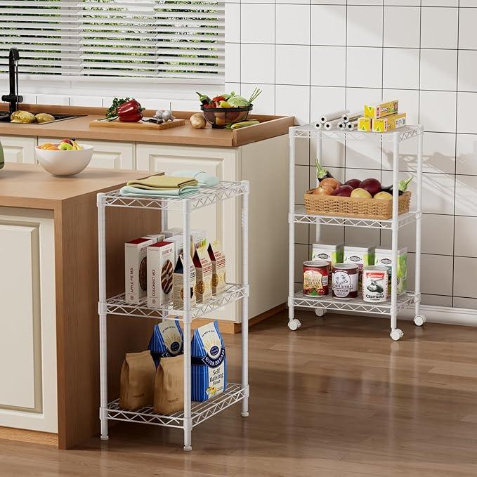 Small 3 Tier Shelves Storage Wire Shelving Unit Metal Shelf Adjustable Organizers Storage Shelving with Wheels for Bathroom Laundry Room Kitchen Pantry12”D x 18”W x 30.7”H White - ModernBath