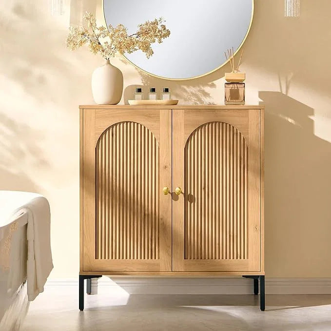 Bathroom Cabinet with Storage, 34" Tall Fluted Arched Free Standing Floor Cabinet w/Adjustable Shelves, Modern Sideboard Cabinet for Bathroom, Kitchen, Living Room, Entryway, Natural - ModernBath