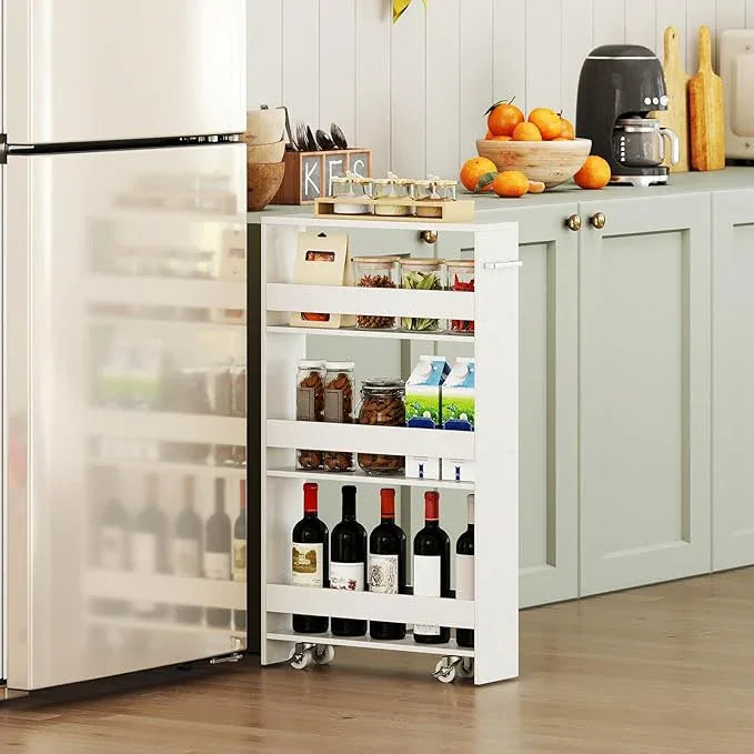 Small Kitchen Cart, 4-Tier Slim Rolling Island w/Handle, Laundry Room Storage Organizers Between Washer and Dryer, Narrow Spice Rack on Wheels Next to Fridge (White, 5'') - ModernBath