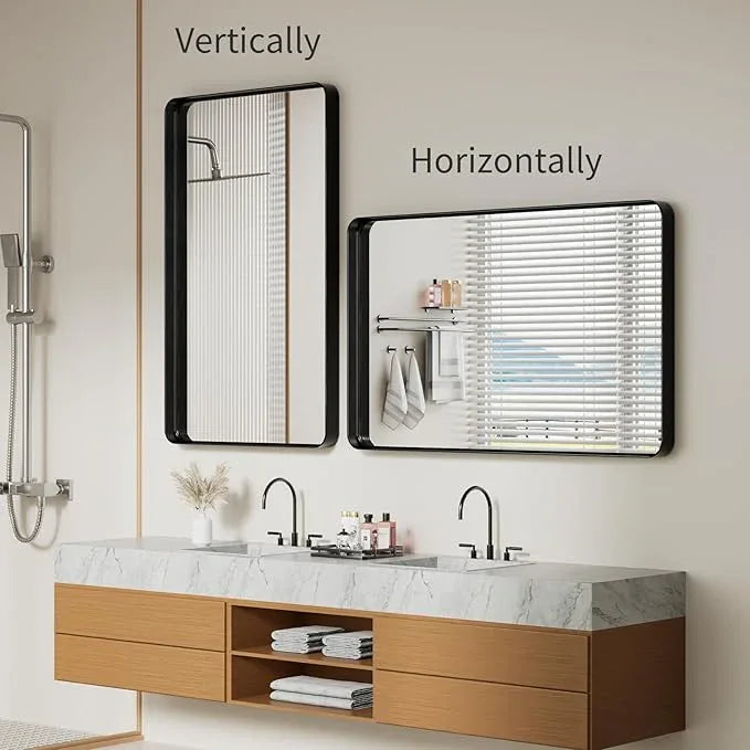 Koonmi Black Wall Mirror for Bathroom, 30x48 Inch Matte Deep Framed Rounded Rectangle Vanity Mirror for Farmhouse Living Room, Tempered Glass, Anti-Rust, Vertically or Horizontally - ModernBath