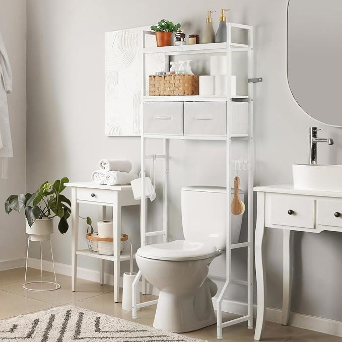 YBING Over The Toilet Storage Cabinet, Over Toilet Bathroom Organizer with Drawer, Above Toilet Stand with Roll Holder and Hooks, Over Toilet Storage Shelf Cabinet, Wooden, White - ModernBath