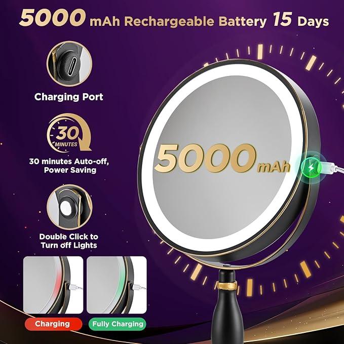 30x Magnifying Mirror with Light, Matte Black with Gold Trim, Makeup Mirror with 3 Color Lights & Brightness Adjustable, 5000mAh Rechargeable Vanity Mirror, Modern Style Side Touch + Side Charge - ModernBath