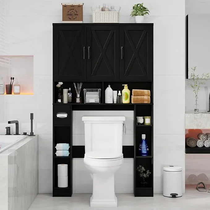Over The Toilet Storage Cabinet, Farmhouse Toilet Cabinet Rack with 3 Barn Doors, Space Saving Bathroom Organizer with Shelves, Toilet Paper Holder and Towel Rack for Bathroom,Restroom,Laundry, Black. - ModernBath