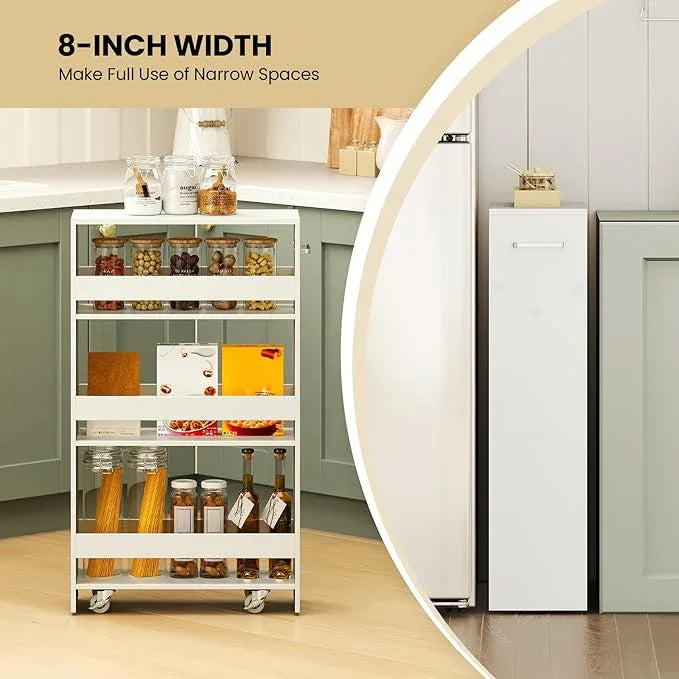 Small Kitchen Cart, 4-Tier Slim Rolling Island w/Handle, Laundry Room Storage Organizers Between Washer and Dryer, Narrow Spice Rack on Wheels Next to Fridge (White, 8'') - ModernBath