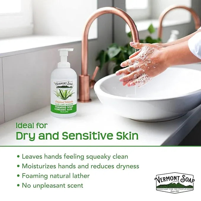 VERMONT SOAP Organic Sage Lime Wisdom Foaming Hand Soap - Natural Moisturizing Soap for Dry Skin - Fragrance Free Liquid Bathroom Hand Soap Dispenser - Sage Lime Wisdom - 12 oz - ModernBath