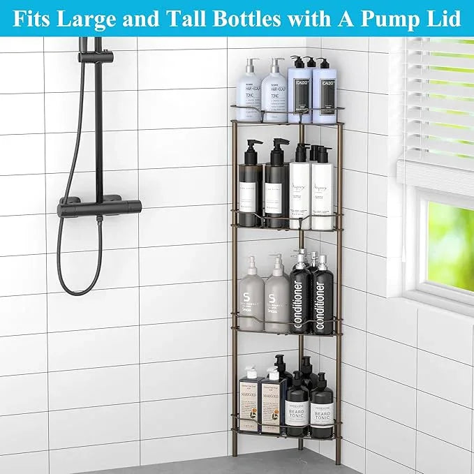 4 Tier Floor Standing Corner Shower Caddy Organizer Shelf with Hooks, Bathroom Shelves Stand Rack, Bronze - ModernBath
