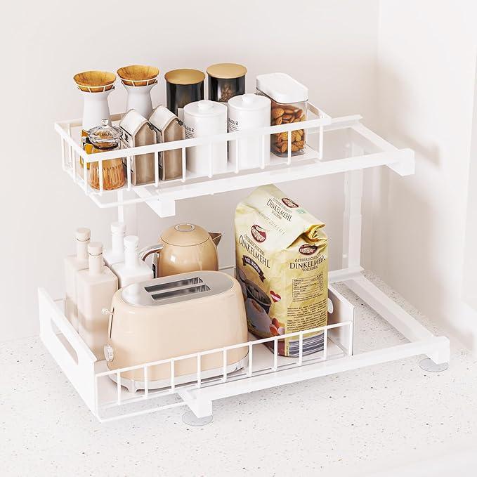 Under Sink Organizer, Heavy Duty Metal Pull Out Cabinet Organizer Slide Out Sink Shelf Organizer Height Adjustable, Multi-Purpose Storage Shelf for Kitchen Bathroom (White,1Pack) - ModernBath
