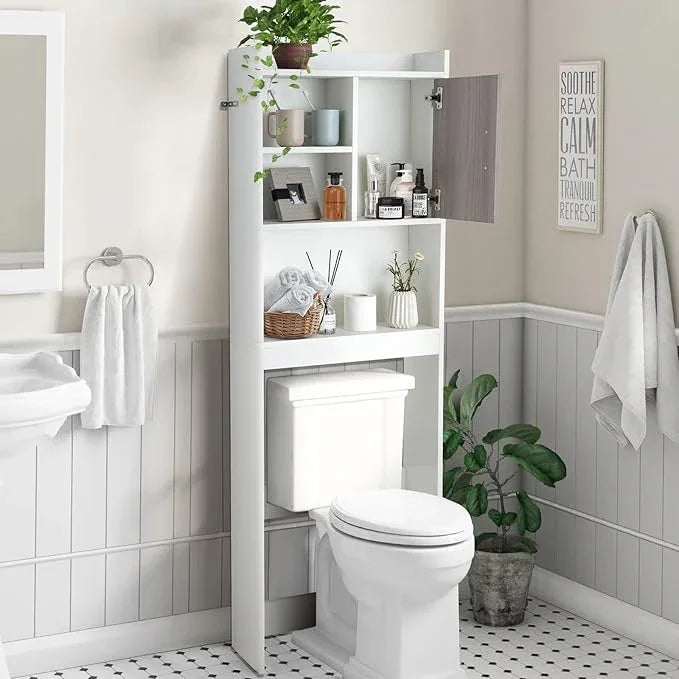 Giantex Over The Toilet Storage Cabinet, 4-Tier Freestanding Space Saver Above Toilet with Open Shelves & Door, Over Toilet Bathroom Organizer for Restroom, Laundry Room, White - ModernBath
