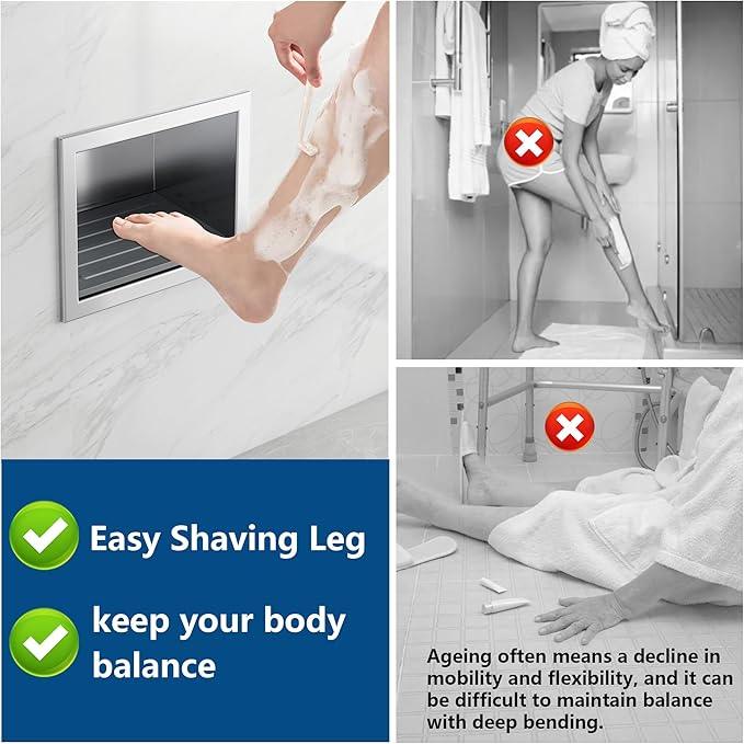 Qeke Shower Foot Rest for Shaving Legs, 304 Stainless Steel Footrest Niche with Shaving Holder, Recessed Shower Niche for Shaving Legs, Matte Black - ModernBath