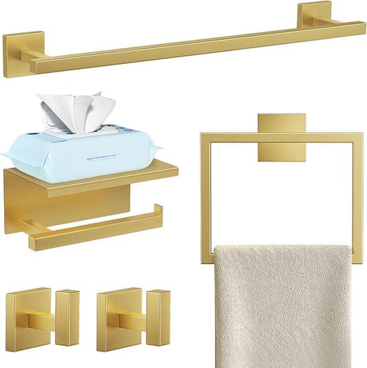 YACVCL 5-Pieces Brushed Gold Bathroom Hardware Accessories Set Stainless Steel Bathroom Towel Bar Set Towel Holder Set for Bathroom,Upgraded Toilet Paper Holder with Shelf,Wall Mounted 23.6" - ModernBath