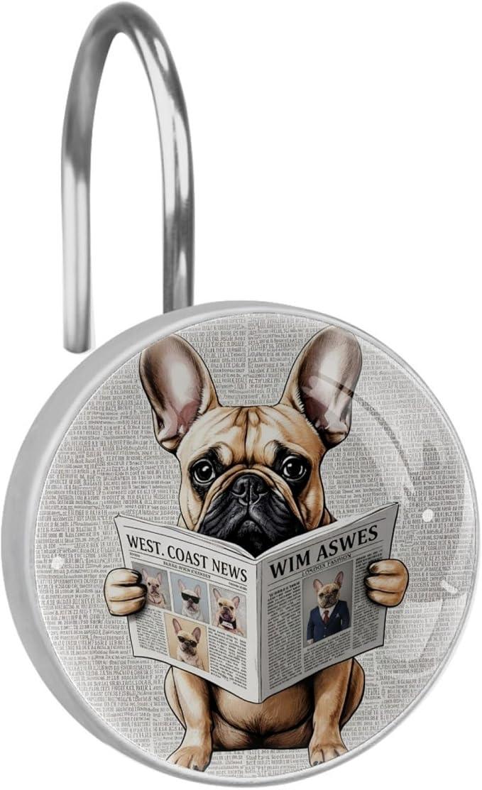 Dog Reading Newspaper Shower Curtain Hooks 12Pcs, Decorative Rust Resistant Shower Rings for Shower Curtain Rods, Stainless Steel Round Curtain Hooks for Bathroom, Bedroom, Farmhouse - ModernBath