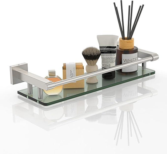 Glass Shelves for Bathroom, 16IN Brushed Nickel Bathroom Shelves for Wall Rectangular Stainless Steel Tempered Glass Modern use for Shelf Sink Over Toilet - ModernBath
