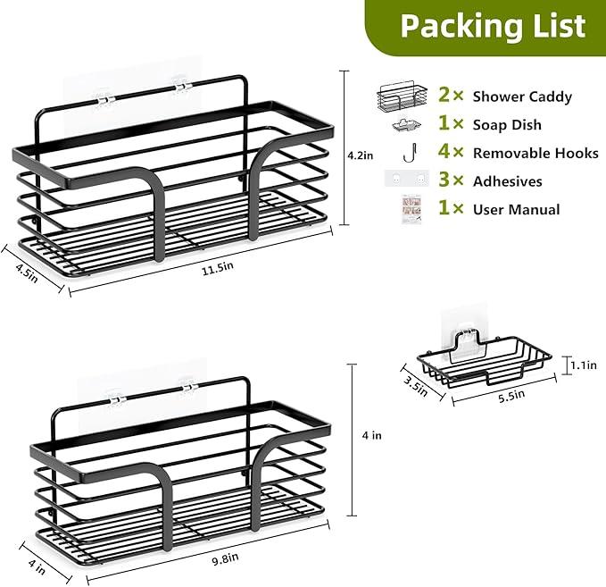 Shower Caddy, Adhesive Shower Organizer with Soap Dish and 4 Hooks, Rustproof Stainless Steel Shower Shelves, Wall Mounted No Drilling Storage Shelf Basket Accessories for Bathroom & Kitchen - ModernBath