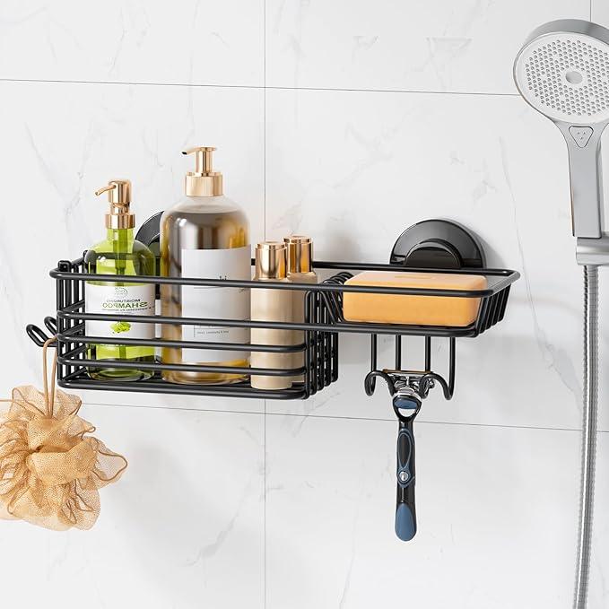 LEVERLOC Shower Caddy Suction Cup, Suction Caddy with Hooks and Soap Holder for Bathroom, No-Drilling Bathroom Shower Organizer, Black - ModernBath