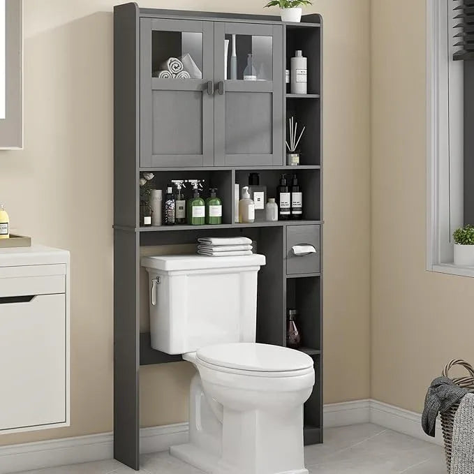 Vabches Over The Toilet Storage Cabinet, Bathroom Shelf Over Toilet with Glass Doors and Adjustable Shelves, Natural Grey Freestanding Home Space Save Toilet Rack, for Restroom, Bathroom, Laundry - ModernBath